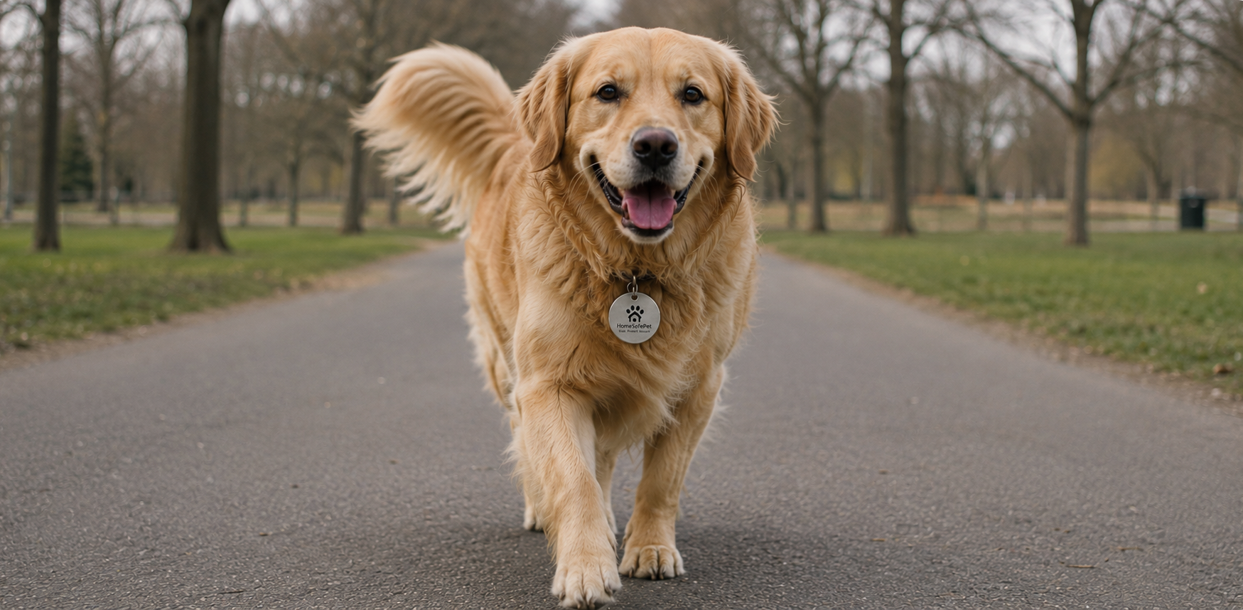 Golden Retriever walking on a park path wearing a HomeSafePet tag