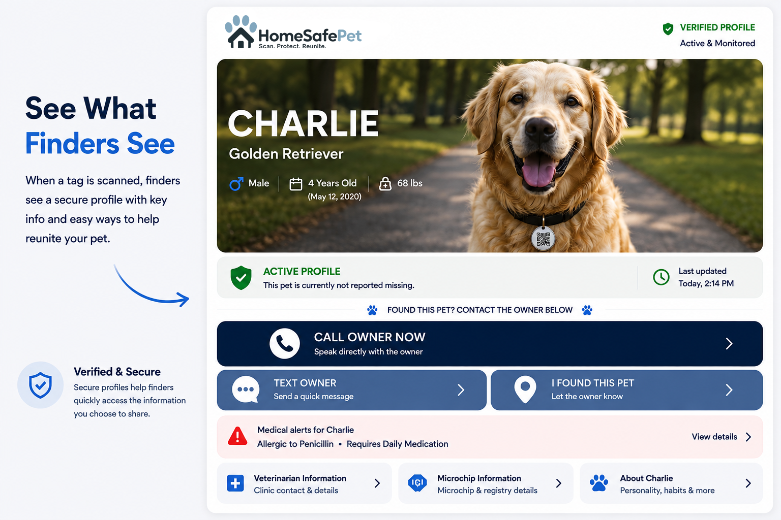Example HomeSafePet profile a finder sees after scanning a pet's QR tag