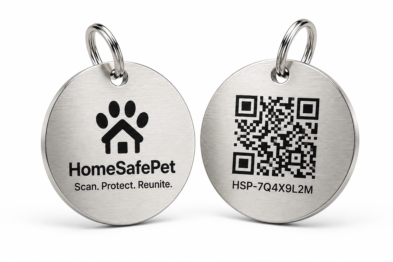 Front and back of the stainless-steel HomeSafePet QR tag: logo on the front, QR code and Profile ID on the back