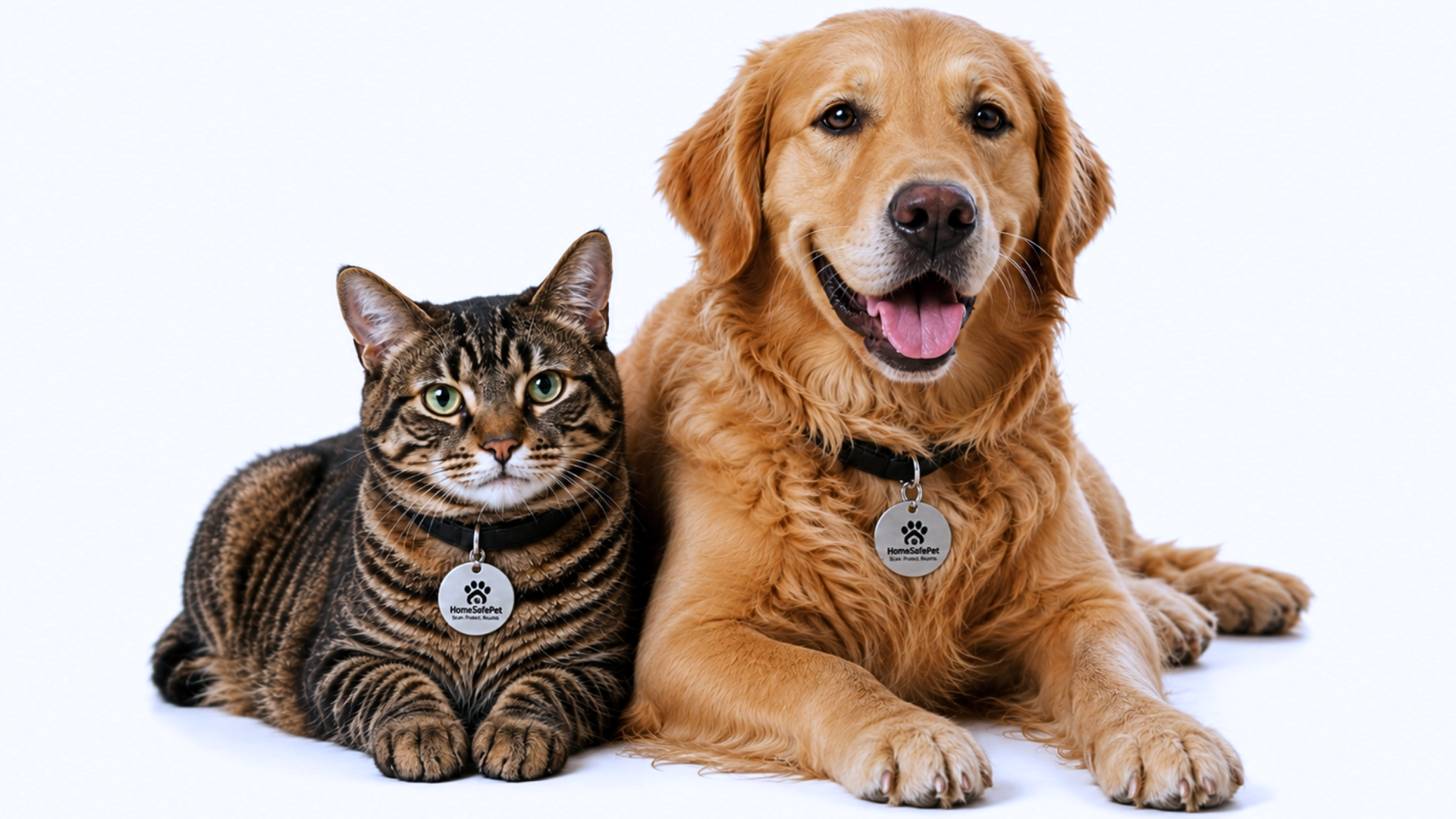 A Golden Retriever and a tabby cat wearing HomeSafePet tags