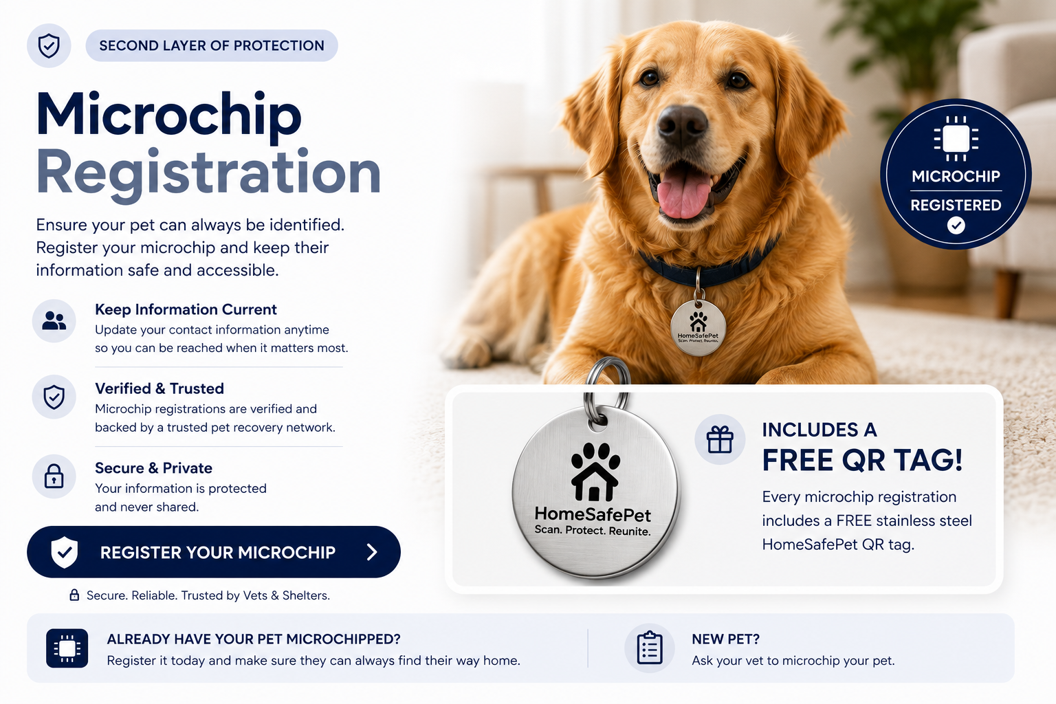 Registered microchip pet with a free HomeSafePet stainless steel QR tag
