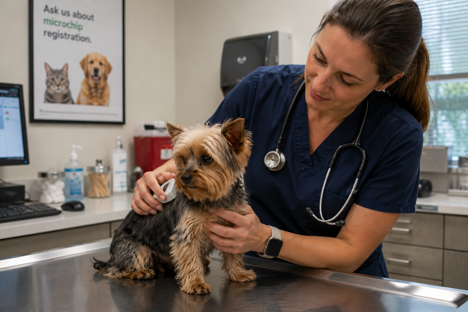 Veterinarian scanning a Yorkshire terrier for a microchip in a clinic