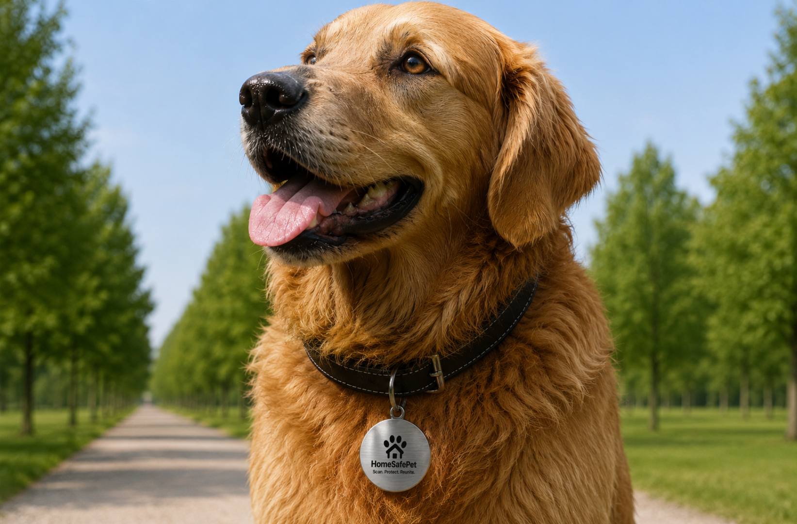 Golden retriever wearing a HomeSafePet QR tag on a tree-lined path