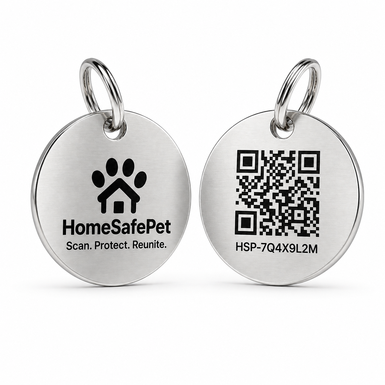Front and back of the stainless steel HomeSafePet QR tag showing the logo and the QR code with Profile ID