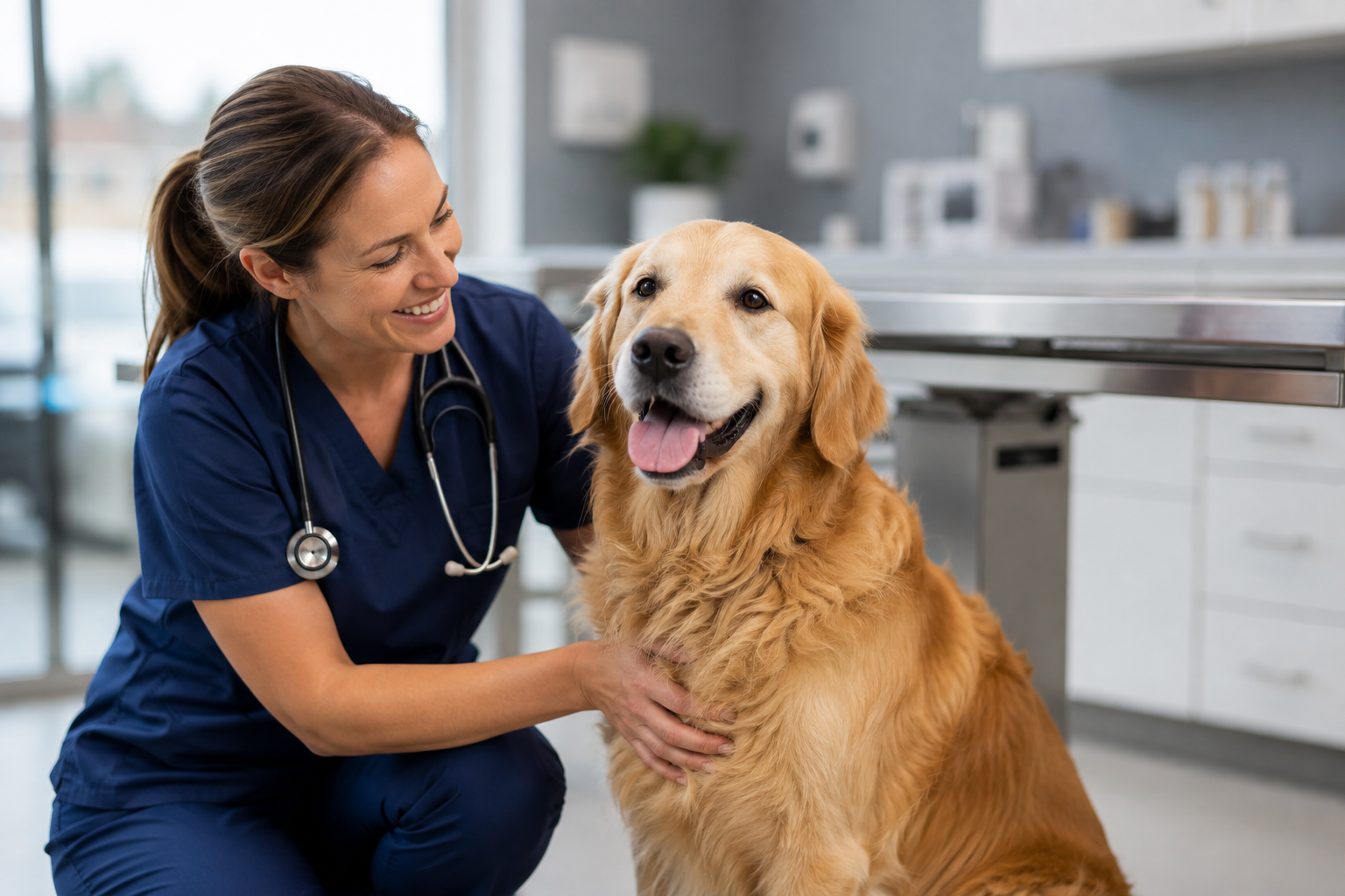 Veterinarian examining a Golden Retriever in a clinic