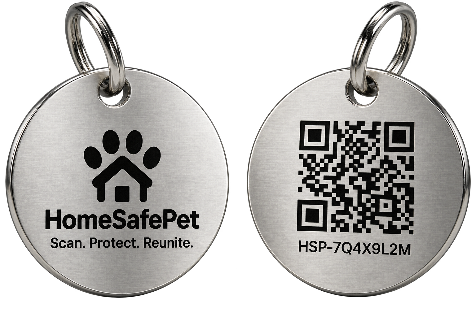 HomeSafePet stainless steel QR tag, front and back
