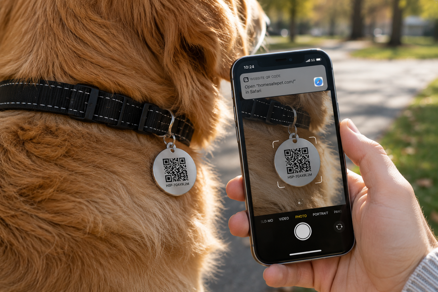 Person using a standard phone camera to scan the QR code side of a HomeSafePet tag on a dog's collar