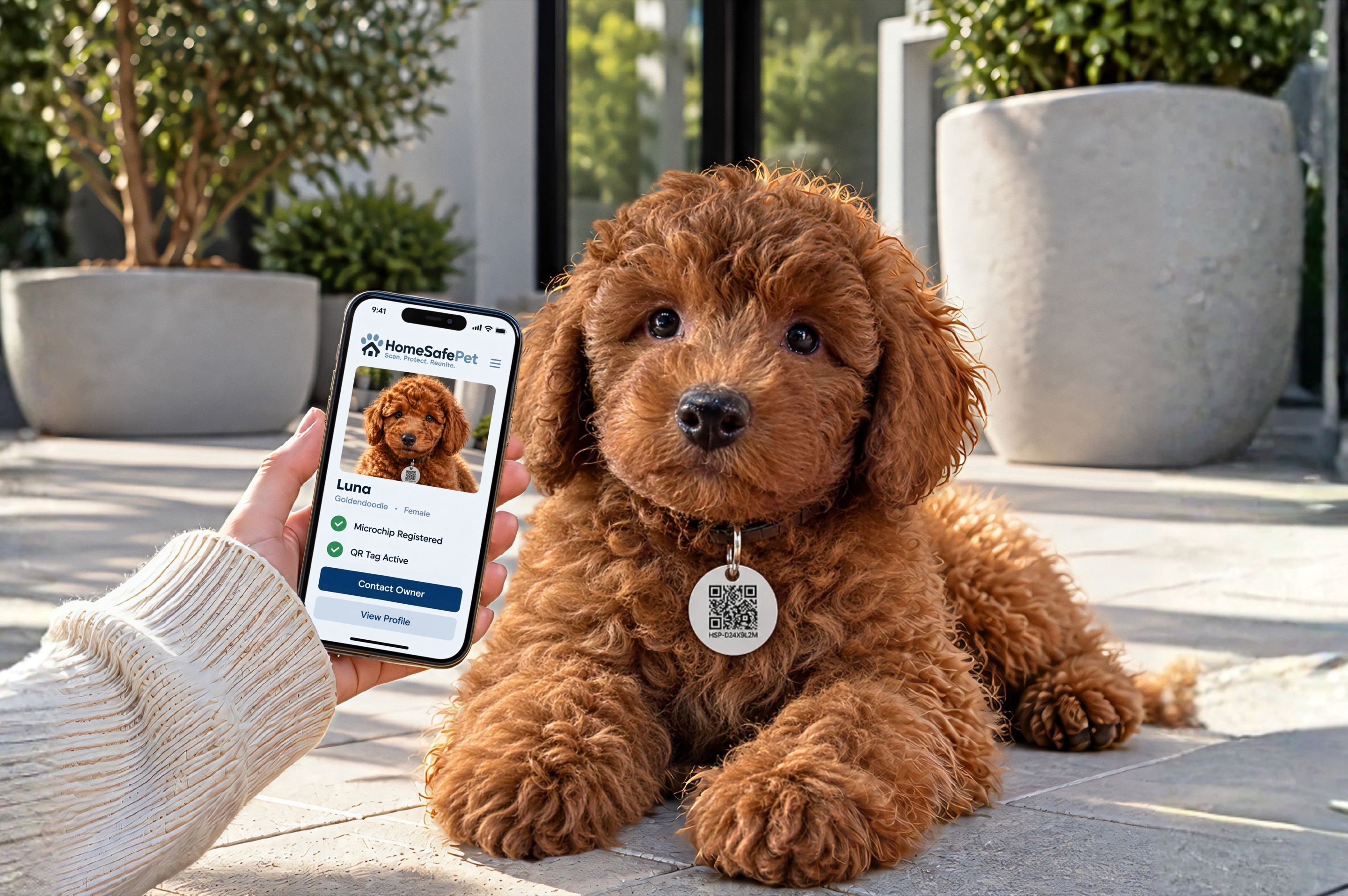 Golden retriever wearing a HomeSafePet QR tag on a tree-lined path